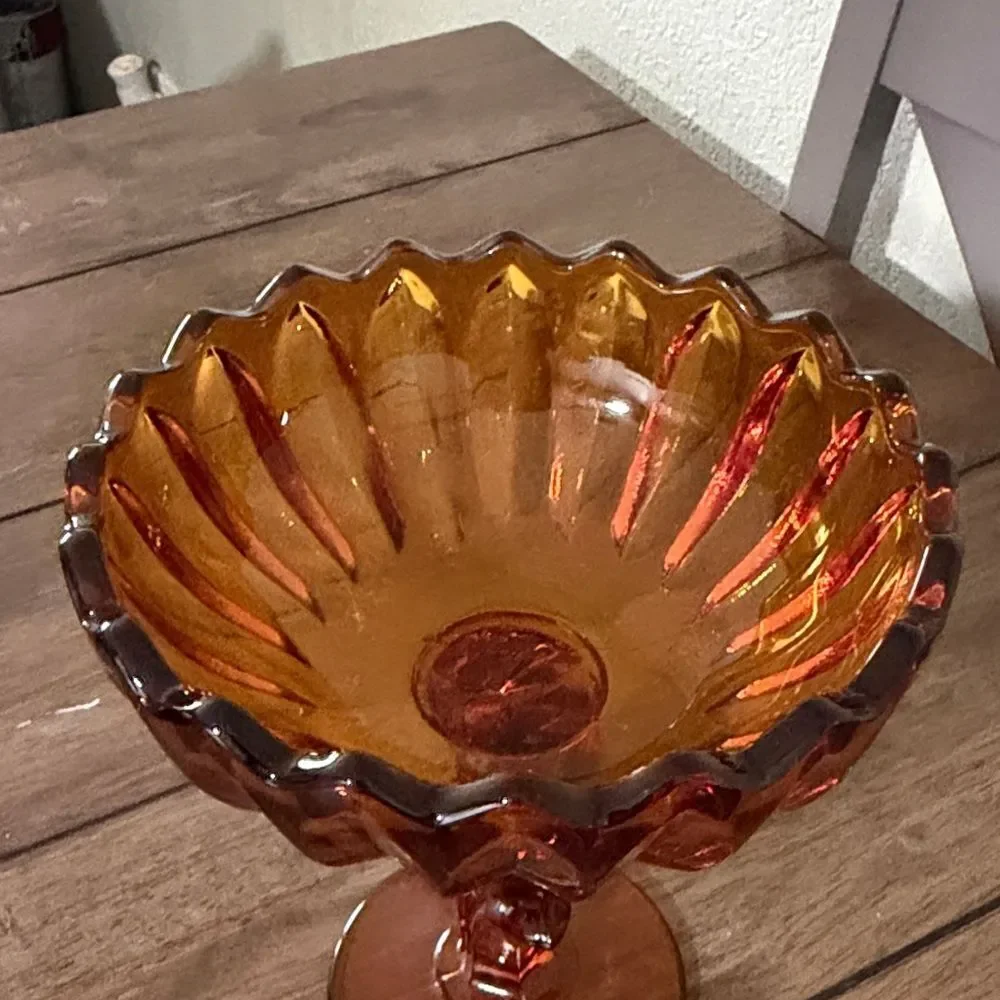 Vintage Amber Glass Compote Dish Indiana Glass Lotus Blossom 1960s